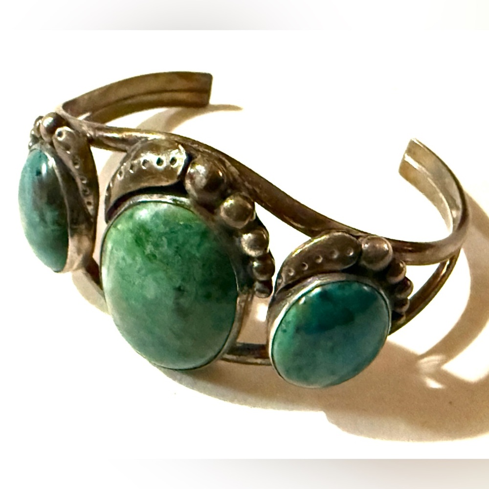 Signed Sterling Silver Turquoise Three-Stone Cuff Bracelet - Picture 15 of 15